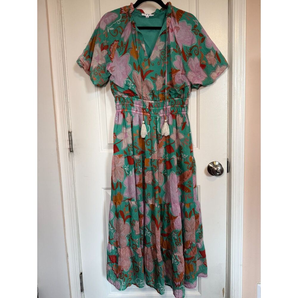 THML Green Floral Smocked Tiered Midi Dress Beach Vacation Resort